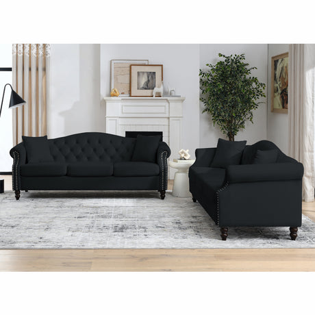 [Video] 79" Chesterfield Sofa Black Velvet for Living Room, 3 Seater Sofa Tufted Couch with Rolled Arms and Nailhead for Living Room, Bedroom, Office, Apartment, 3S+3S