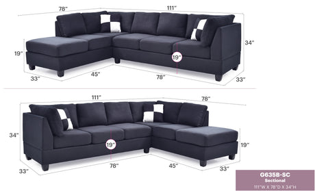 G635B-SC Sectional (Without Ottoman) , BLACK - sold by Home Elegance USA