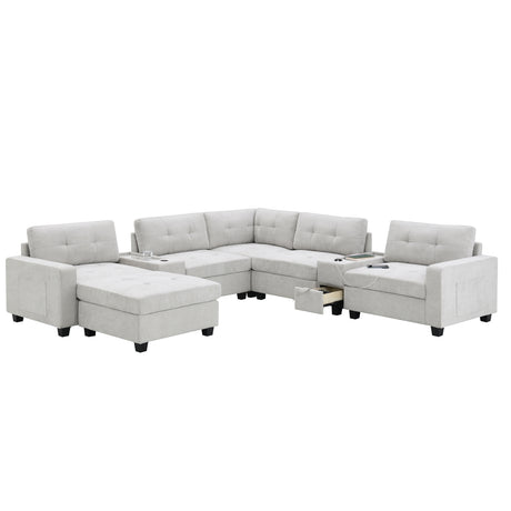 Chenille U Shaped Sectional Sofa with Acrylic Table Top, USB Charger, Storage Drawers, Pockets and Movable Ottoman - sold by Home Elegance USA