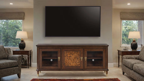 Modern Style TV Stand 3 Drawers Gold Round Knobs And Legs Felt Line Drawers Dark Cherry Finish - sold by Home Elegance USA