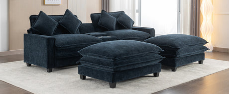 Contemporary Chenille Upholstered Sectional Sofa with Ottomans, USB Ports, Cup Holders & Storage, Blue - sold by Home Elegance USA