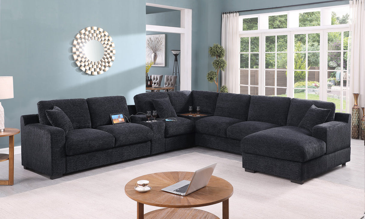 Chiara 141.5'W Dark Gray Chenille Fabric Corner Sectional Sofa with Right-Facing Chaise, Cupholders, and Charging Ports