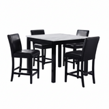 Modern 5pc Counter Height Dining Set with White Faux Marble Table, Black Wooden Legs, Faux Leather Upholstered Chairs in White and Black