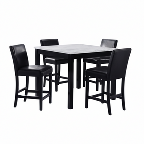 Modern 5pc Counter Height Dining Set with White Faux Marble Table, Black Wooden Legs, Faux Leather Upholstered Chairs in White and Black