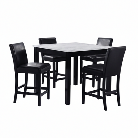 Modern 5pc Counter Height Dining Set with White Faux Marble Table, Black Wooden Legs, Faux Leather Upholstered Chairs in White and Black
