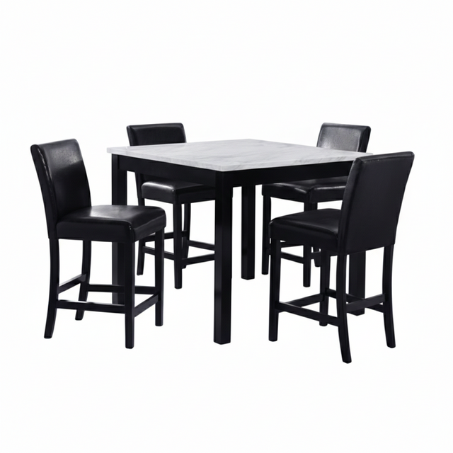 Modern 5pc Counter Height Dining Set with White Faux Marble Table, Black Wooden Legs, Faux Leather Upholstered Chairs in White and Black