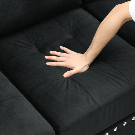 Sectional 3-Seaters Sofa with Reversible Chaise, Storage Ottoman and Cup Holders, Metal Legs and Copper Nails,Two White Villose Pillows ,Black(107.5' x 80.5' x36') - sold by Home Elegance USA