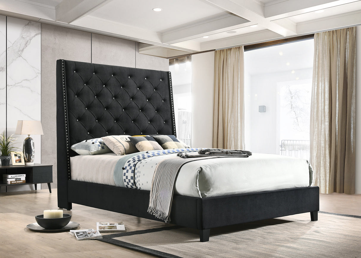1pc Contemporary Style Queen Panel Upholstered Bed Button Tufted Demi-wings Nailhead Trim Black Finish Bedroom Furniture
