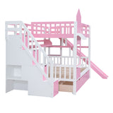 Full-Over-Full Castle Style Bunk Bed with 2 Drawers 3 Shelves and Slide - Pink - Home Elegance USA