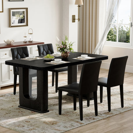 Table and chair set.64.5 x 35.4 Inch Stylish Black Wood Color Textured Dining Table.4-pack black PU dining chairs: ergonomic buckle backrest.Exudes A Strong Sense Of Fashion. - sold by Home Elegance USA