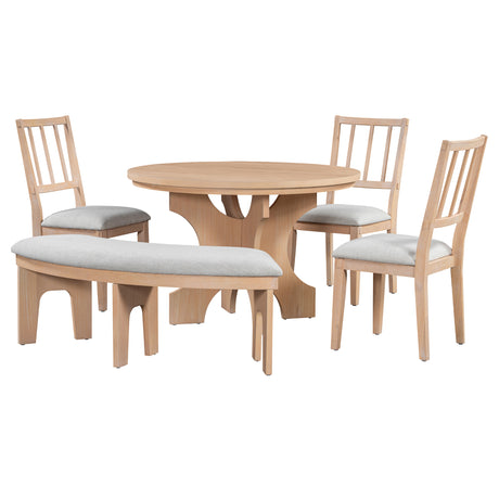 TREXM 5-piece Rustic Charm Round Dining Set with 3 Upholstered Chairs and Curved Bench for Dining Room, Kitchen and Living Room (Natural) - sold by Home Elegance USA