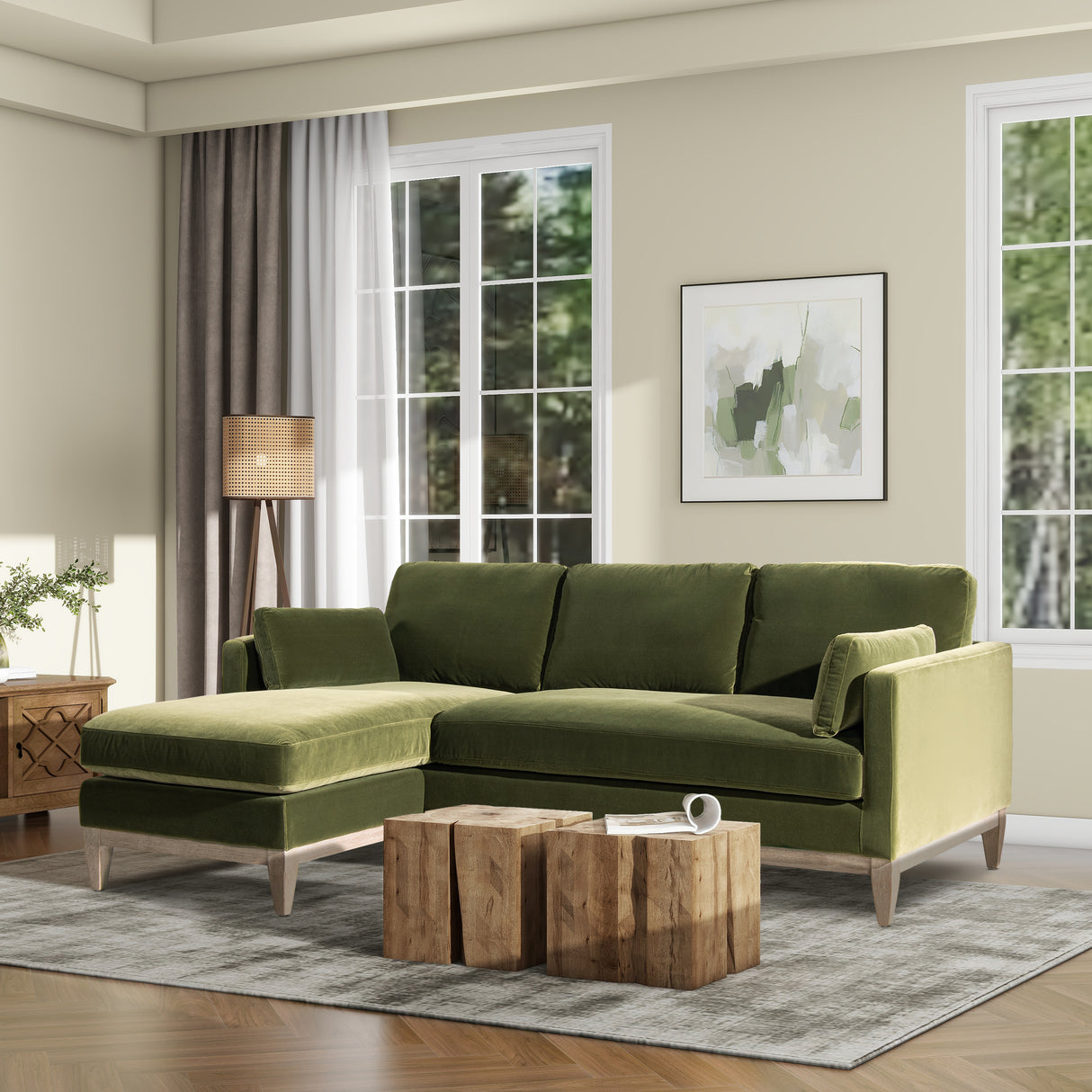 Knox 89' Modern Farmhouse Reversible Chaise Sectional Sofa, French Beige Performance Velvet