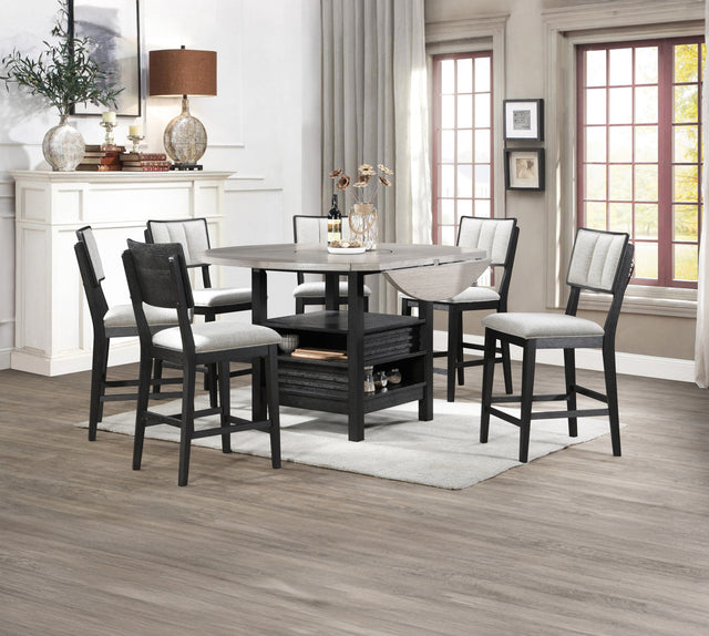 7pc Farmhouse Contemporary Counter Height Dining Set Storage Table Single Pedestal Round Black Gray Natural Grain Integrated Turntable Drop Leaves Built-in Shelving Fabric Upholstery Chairs