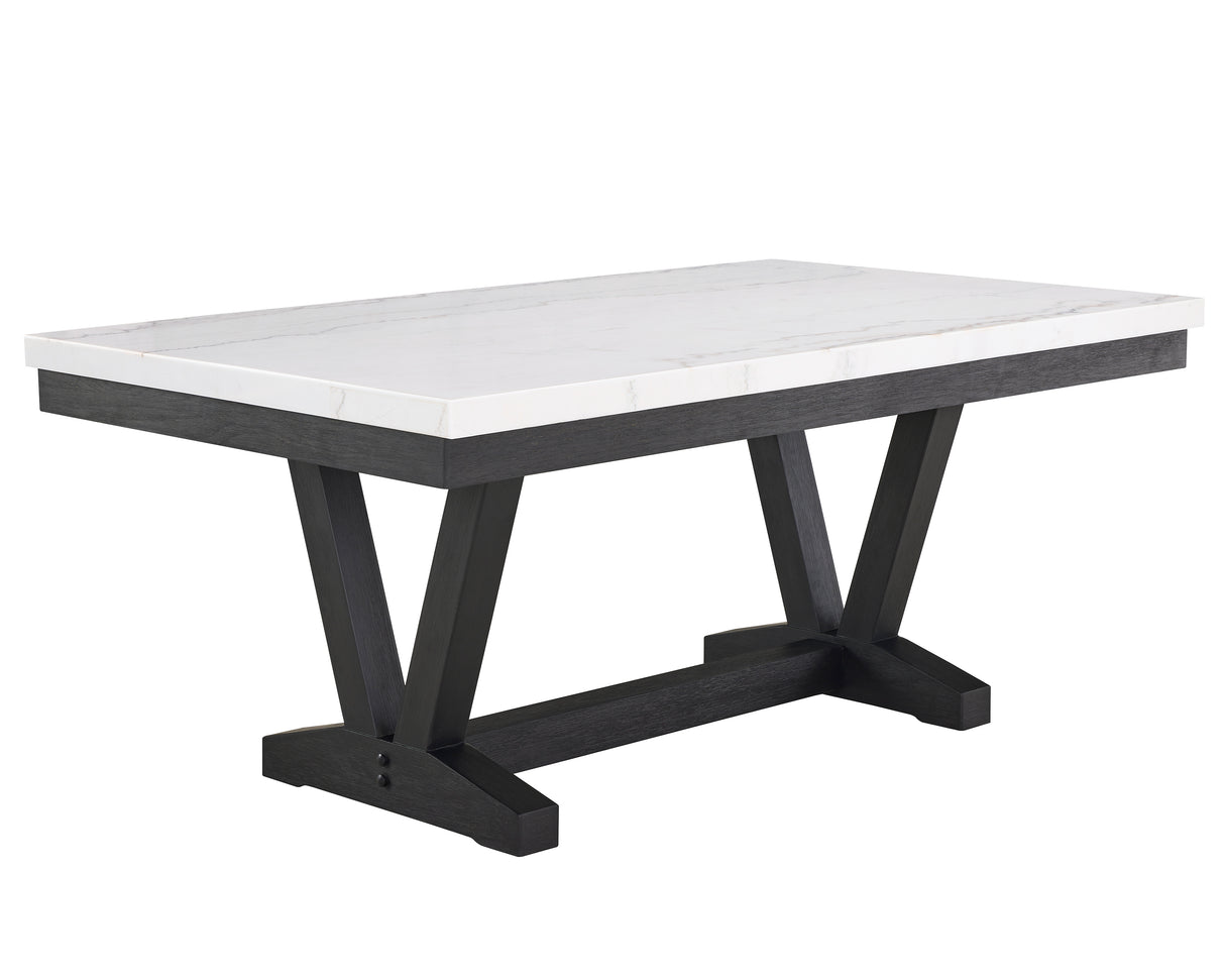 1pc Transitional Modern Formal Dining Table White Genuine Marble Rectangular Table Top Trestle Base Black Finish Legs Wooden Dining Room Furniture