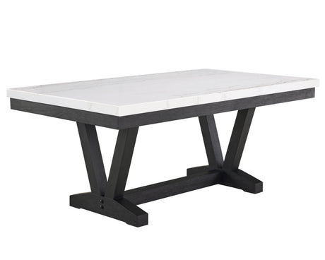 1pc Transitional Modern Formal Dining Table White Genuine Marble Rectangular Table Top Trestle Base Black Finish Legs Wooden Dining Room Furniture
