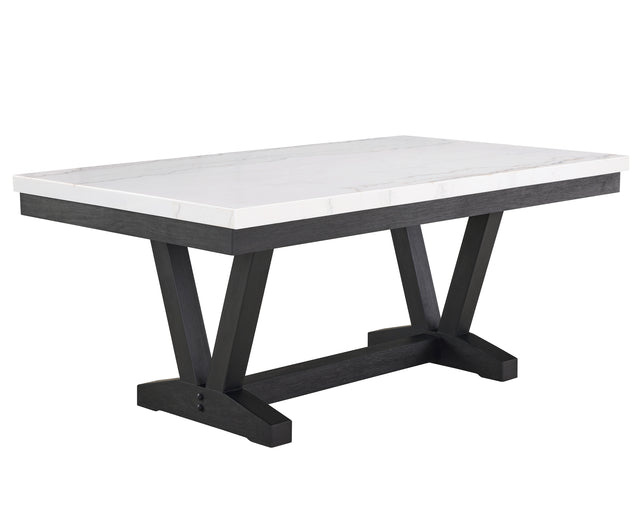 1pc Transitional Modern Formal Dining Table White Genuine Marble Rectangular Table Top Trestle Base Black Finish Legs Wooden Dining Room Furniture