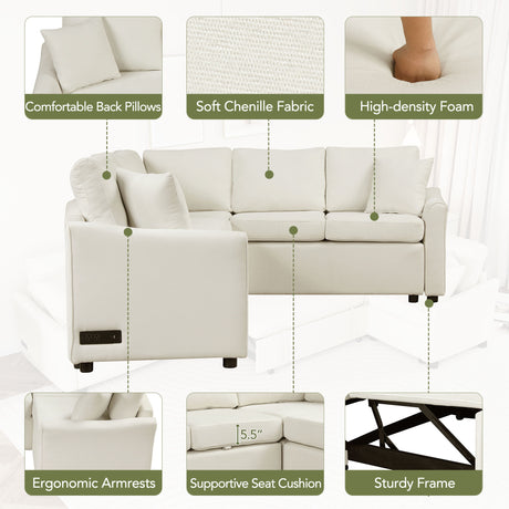 L-shaped Convertible Sofa Bed with USB Ports and Power Sockets, Beige Chenille Fabric, 124.8' Length - sold by Home Elegance USA
