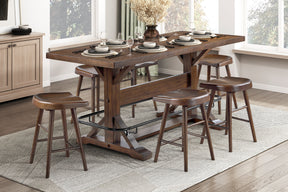 Brown Finish 7pc Counter Height Set Dining Table w Metal Footrest and 6x Stools Sturdy Wood Frame Classic Aesthetic Furniture