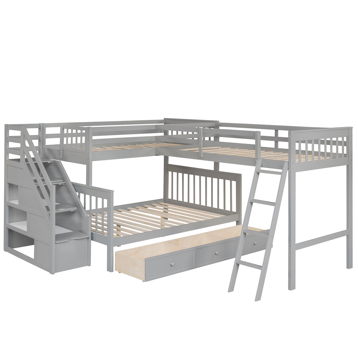 Twin over Full L-Shaped Bunk Bed With 3 Drawers, Ladder and Staircase - Gray - sold by Home Elegance USA