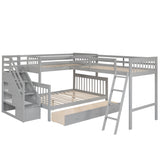 Twin over Full L-Shaped Bunk Bed With 3 Drawers, Ladder and Staircase - Gray - sold by Home Elegance USA
