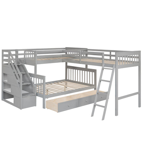 Twin over Full L-Shaped Bunk Bed With 3 Drawers, Ladder and Staircase - Gray - sold by Home Elegance USA