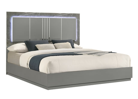 Elara Queen 4-Piece Set – Two-Tone High-Gloss Marble & Lacquer Finish with LED Lighting, Metal-Finished Legs- Gray (NJ Inventory) - sold by Home Elegance USA