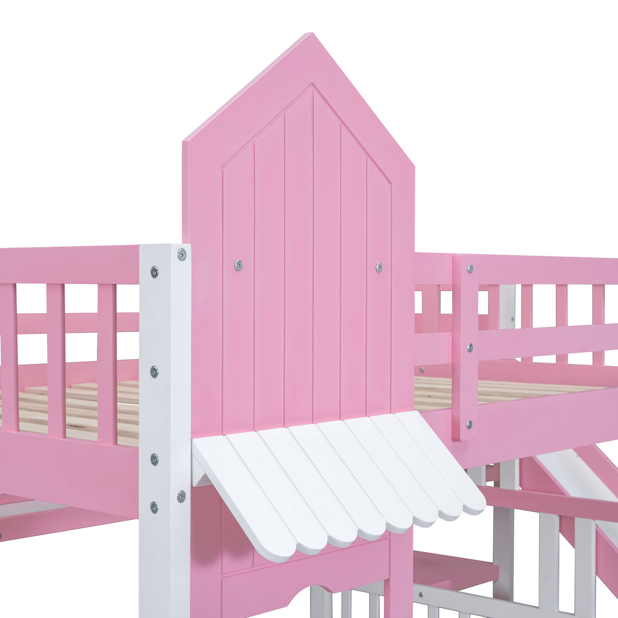 Full-Over-Full Castle Style Bunk Bed with 2 Drawers 3 Shelves and Slide - Pink - Home Elegance USA