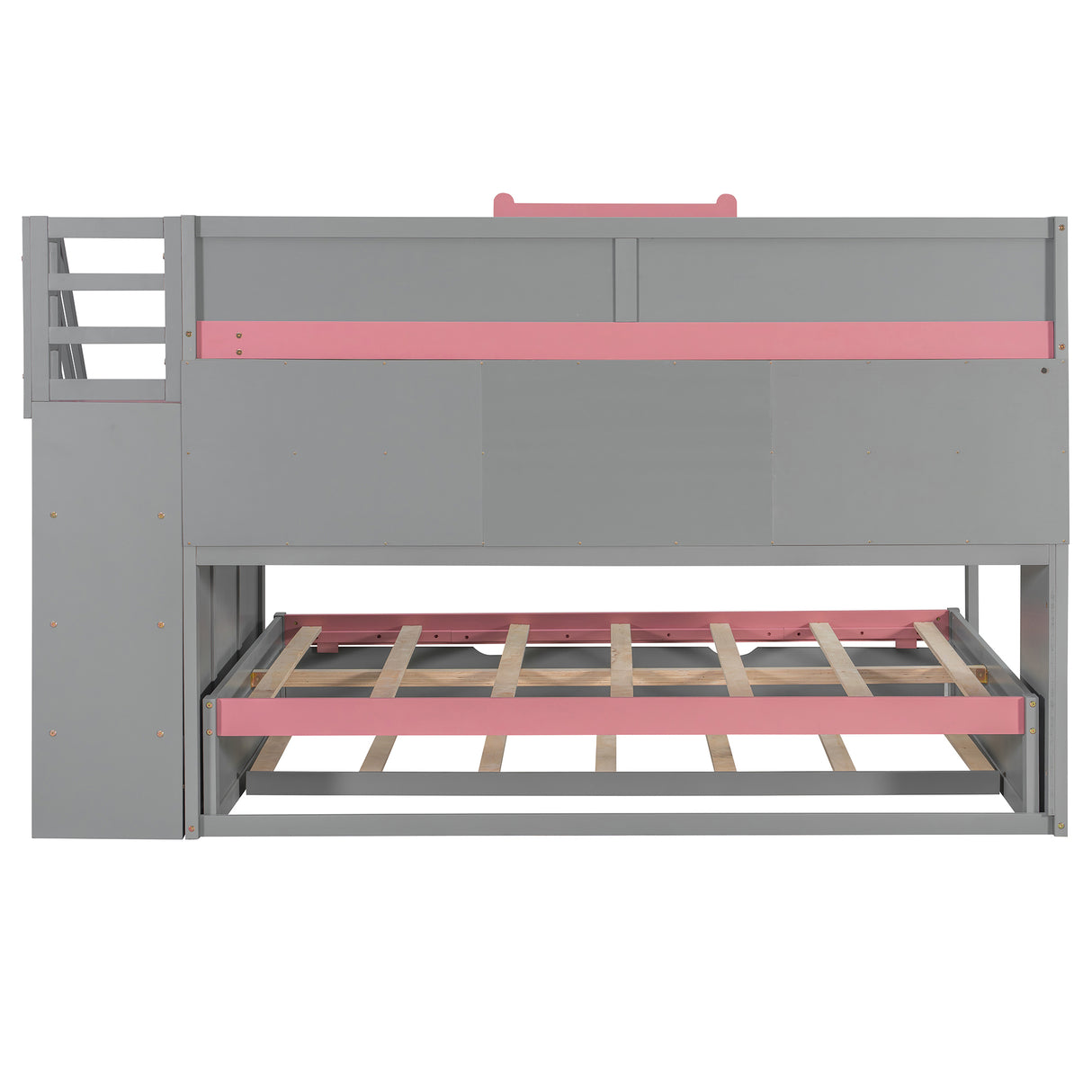 Full Over Full Bunk Bed with Twin Size Trundle and Staircase, Shelves, LED,Gray - sold by Home Elegance USA
