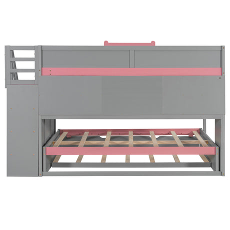 Full Over Full Bunk Bed with Twin Size Trundle and Staircase, Shelves, LED,Gray - sold by Home Elegance USA