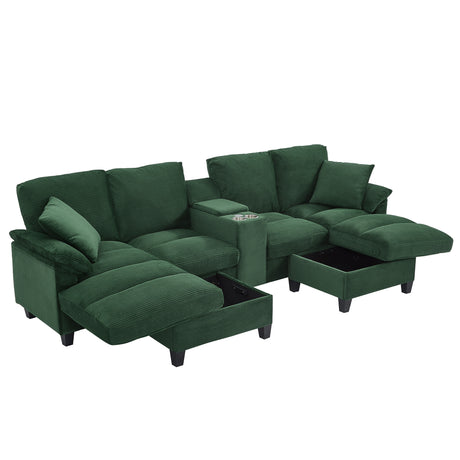 Modern Green U-shaped Sectional Sofa with Corduroy Upholstery, Hidden Storage Ottomans, USB Ports, and Cup Holders, 116.9' - sold by Home Elegance USA