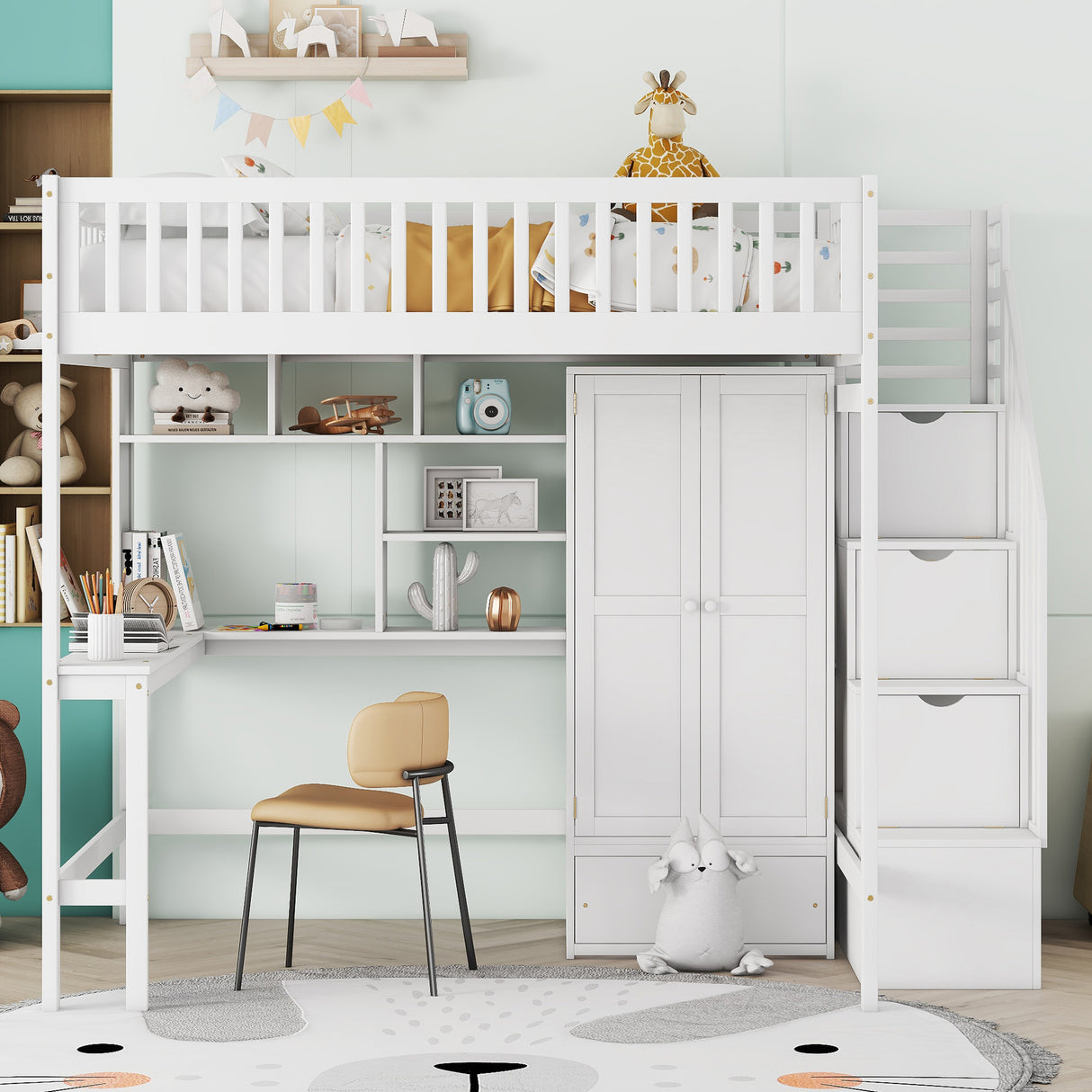 Full size Loft Bed with Bookshelf,Drawers,Desk,and Wardrobe-White - Home Elegance USA