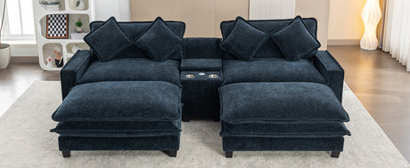 Contemporary Chenille Upholstered Sectional Sofa with Ottomans, USB Ports, Cup Holders & Storage, Blue - sold by Home Elegance USA