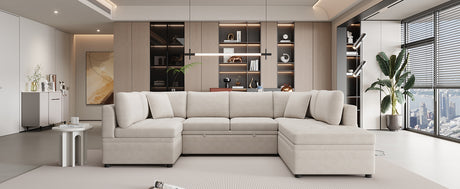 Oversized U-Shaped Sectional Sofa Couch with Pull-out Bed, Beige Chenille, 117.3' - sold by Home Elegance USA