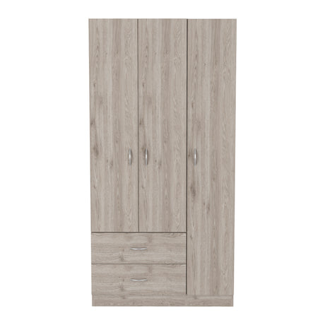 Bosko 3 Doors Armoire, Two Drawers, Metal Rod, Light Gray -Bedroom - sold by Home Elegance USA