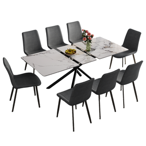 Modern 59-inch Expandable Dining Table with Retractable Leaf, Charred Stone Top & Black Carbon Steel X-Base, 4-8 Person Set with 8 Gray PU Chairs for Small Apartments, Kitchen - sold by Home Elegance USA