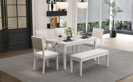 TREXM Vintage Extendable Dining Table Set for 6 with 4 Chairs & Bench, 59 to 72-Inch Rustic Farmhouse Kitchen Table Set with Distressed Finish and Retro Carved Legs (Washed White) - sold by Home Elegance USA