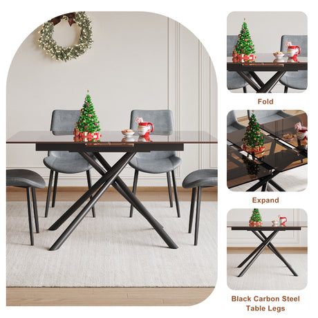 59-inch Expandable Dining Table Set with 8 Gray Ergonomic Chairs, Black Sandblasted Glass Top & X-Base, 4-6 Seater Modern Dining Set for Small Spaces, Kitchen and Apartment - sold by Home Elegance USA