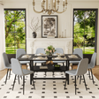 Table and chair set.71*35.4 inch Black Grain Spliced Dining Table With Storage Function In The Middle Of The Table Legs.Paired with 8 Light Gray Linen-Cotton Material High Resilience Dining Chairs. - sold by Home Elegance USA