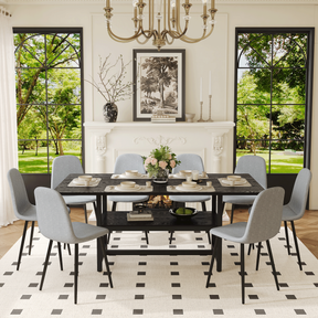 Table and chair set.71*35.4 inch Black Grain Spliced Dining Table With Storage Function In The Middle Of The Table Legs.Paired with 8 Light Gray Linen-Cotton Material High Resilience Dining Chairs. - sold by Home Elegance USA