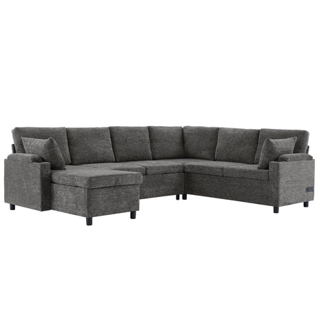Versatile U-Shaped Sectional Sofa Bed with Storage, Cup Holders, Charging Ports in Grey Chenille - sold by Home Elegance USA