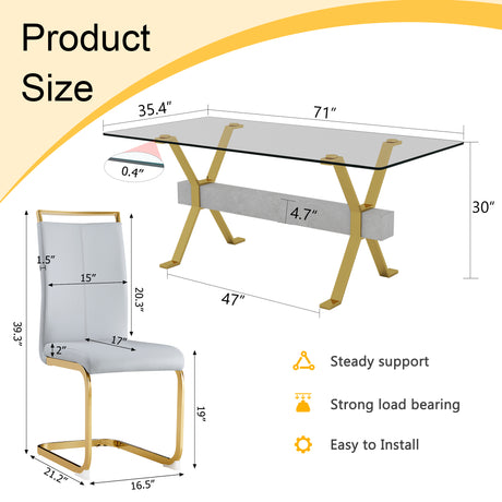 Table and chair set.Elegant Transparent Tempered Glass Dining Set - 71'x35.4' with 8 Light Gray PU Chairs with golden C-tube metal leg. - sold by Home Elegance USA