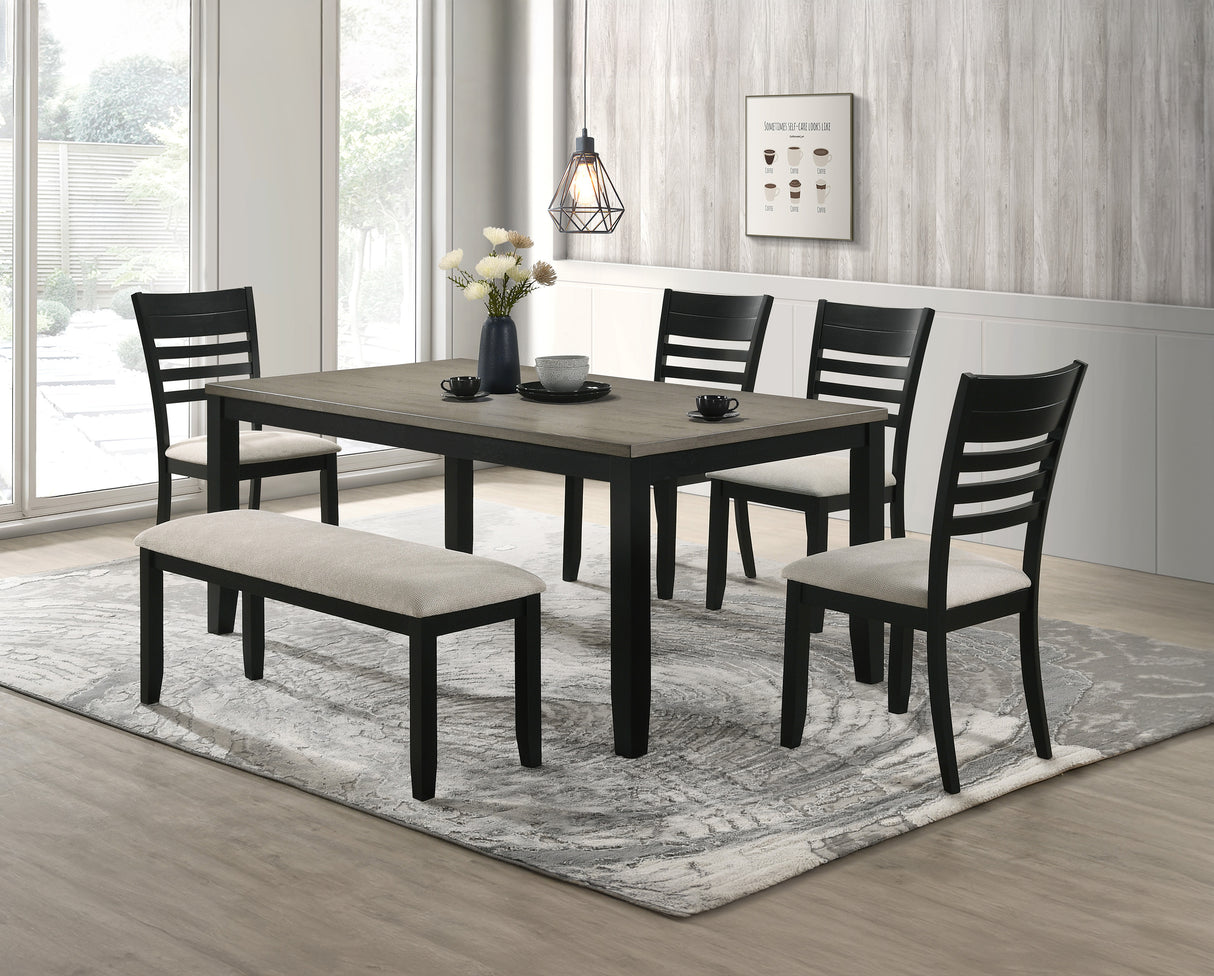 Contemporary 6pc Dining Set Rectangular Table Two- Tone Finish Wood Base Ladder Back Upholstery Chairs Bench Black Gray Finish Wooden Dining Room Furniture