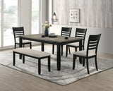 Contemporary 6pc Dining Set Rectangular Table Two- Tone Finish Wood Base Ladder Back Upholstery Chairs Bench Black Gray Finish Wooden Dining Room Furniture