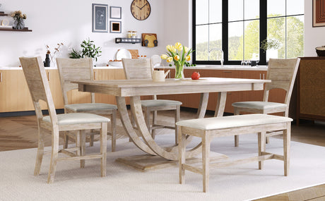 TOPMAX Modern Style Natural Wood 6-Piece Dining Table Set with Bench and Chairs, Upholstered Seats, Rubberwood Frame - sold by Home Elegance USA