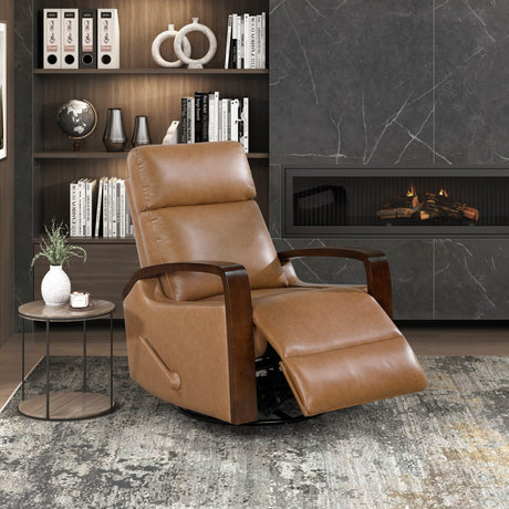 Luxurious Swivel Glider Reclining Chair Faux Leather Upholstery Comfortable Brown Finish Wooden Arms Modern Living Room Furniture 1pc