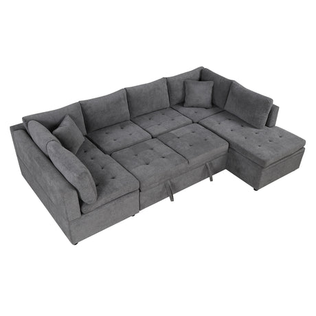 Oversized Sectional Sofa U-shaped Couch Pull-out Sofa Bed with Two Throw Pillows Gray Chenille 117.3' - sold by Home Elegance USA