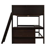 Full size Loft Bed with Shelves and Desk, Wooden Loft Bed with Desk - Espresso - Home Elegance USA