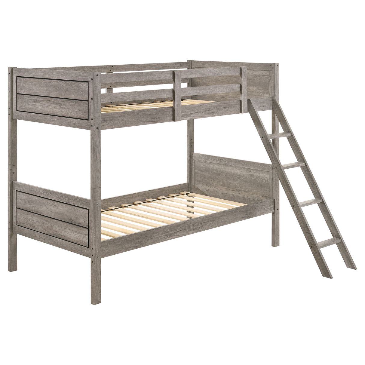 Brenton Weathered Taupe Bunk Bed with Ladder: Twin over Twin, Rustic Farmhouse Design, Solid Rubberwood and Engineered Wood Construction
