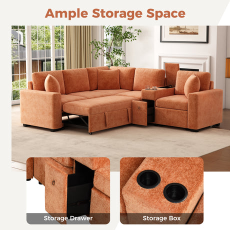 120.5' L-shaped Convertible Sofa Bed Modular Sectional Sofa Reversible Sleeper with Pull-Out Bed, Cup Holders, and Ample Storage Space for Living Room(Old SKU:N719S001940G), Orange - sold by Home Elegance USA
