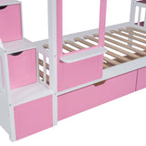 Twin-Over-Twin Castle Style Bunk Bed with 2 Drawers 3 Shelves and Slide - Pink - Home Elegance USA